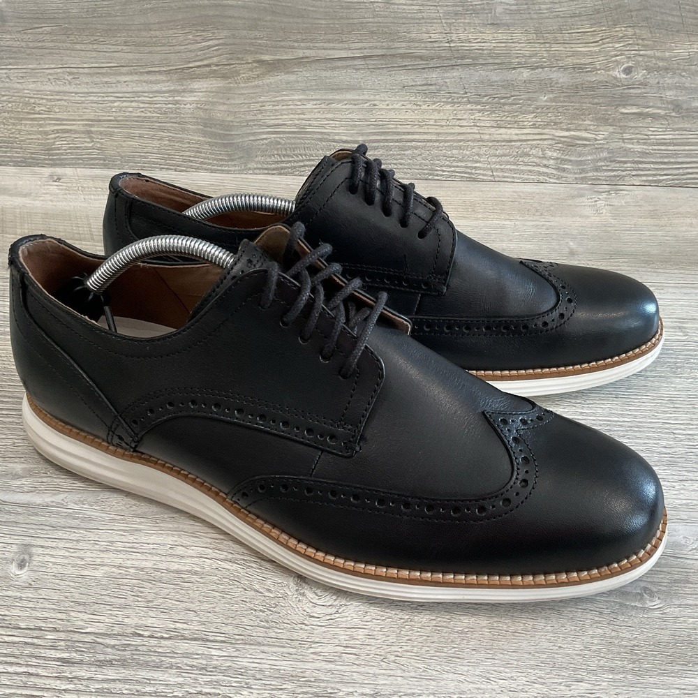 Cole Haan Black Leather Wingtip Oxfords with White Sole